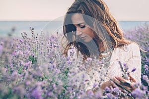 Boho styled model in lavender field