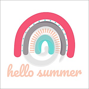 Boho Summer vacation and watersport on the beach. Card with modern lettering hello summer. Minimal label design for