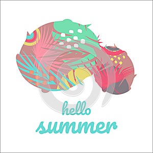 Boho Summer vacation and watersport on the beach. Card with modern lettering hello summer. Minimal label design for