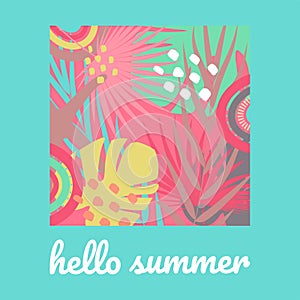 Boho Summer vacation and watersport on the beach. Card with modern lettering hello summer. Minimal label design for