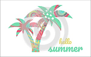 Boho Summer vacation and watersport on the beach. Card with modern lettering hello summer. Minimal label design for