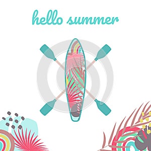 Boho Summer vacation and watersport on the beach. Card with modern lettering hello summer. Minimal label design for