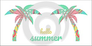 Boho Summer vacation and watersport on the beach. Card with modern lettering hello summer. Minimal label design for