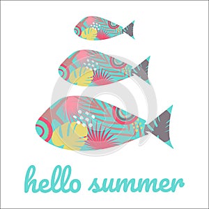Boho Summer vacation and watersport on the beach. Card with modern lettering hello summer. Minimal label design for