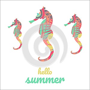 Boho Summer vacation and watersport on the beach. Card with modern lettering hello summer. Minimal label design for