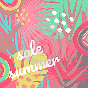 Boho Summer vacation and watersport on the beach. Card with modern summer sale template. Minimal label design for banner