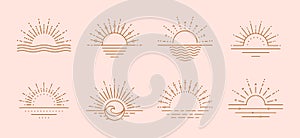 Boho sun logo, sunset over sea line art vector. Sun vector logo design