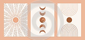 Boho sun, moon, arch set, minimalist mid century modern art photo