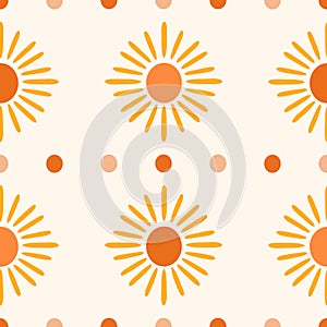 Boho sun vector seamless pattern. Modern simple orange sun shapes and dots on cream off-white background. Groovy