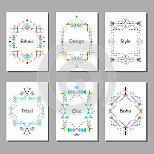 Boho tribal ethnic colorful cards set. Vector illustration