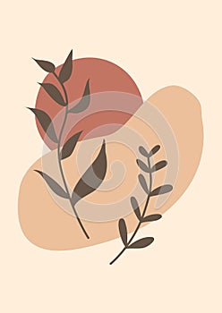 boho tropical leaf. natural shapes poster set in mid century style. Modern illustration: tropical leaf, geo elements for