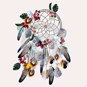 Boho vector fashion illustration with dreamcatcher, colorful feathers, leaves