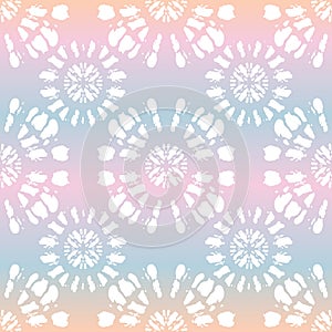 Boho White Tie-Dye Shibori Mirrored Sunburst Mandala on Holographic Background Vector Seamless Pattern