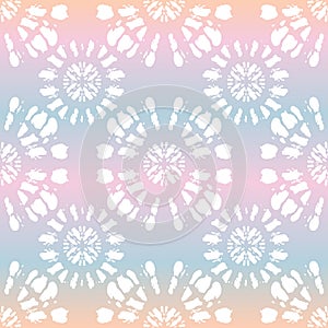Boho White Tie-Dye Shibori Mirrored Sunburst Mandala on Holographic Background Vector Seamless Pattern photo