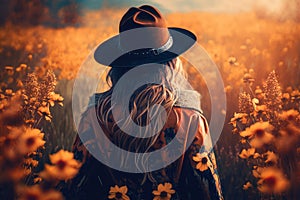 boho woman in hat seen from behind . flowers field , ai generative