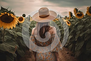 boho woman in hat seen from behind . sunflowers field , ai generative