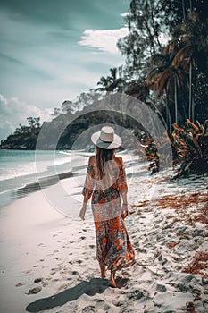 boho woman in hat seen from behind . tropical beach, ai generative