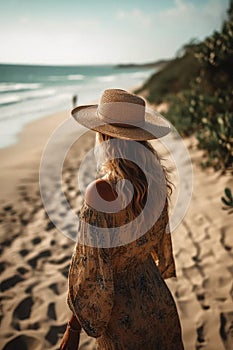 boho woman in hat seen from behind . tropical beach, ai generative