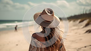 boho woman in hat seen from behind . tropical beach, ai generative