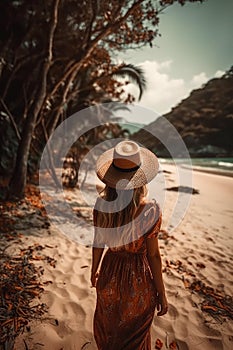 boho woman in hat seen from behind . tropical beach, ai generative