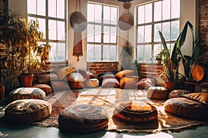 Bohoinspired Meditation Room With Floor Cushions And Spiritual Decor Bohemian Interior Design. Generative AI photo