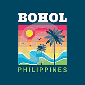 Bohol Philippines - vector illustration concept in retro vintage graphic style for t-shirt and other print production. Palms, sun