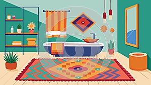 A bohostyle bathroom with a mix of patterned bath mats and vibrant textured towels..