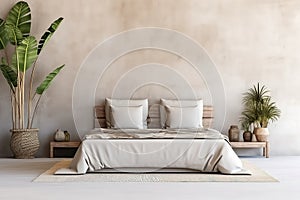 Bohostyle Bedroom With Beige Kingsize Bed And Tropical Plant