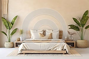 Bohostyle Bedroom With Beige Kingsize Bed And Tropical Plant photo