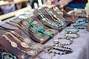 bohothemed jewelry display on a flea market table with a person browsing