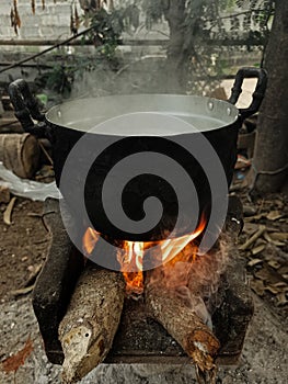 Boil water to cook rice by?using wood from?trees to?build a?rustic fire