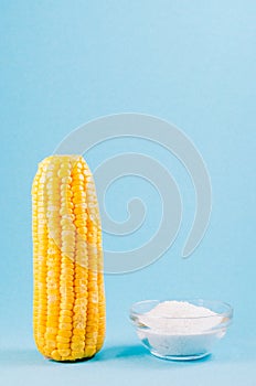 Boiled appetizing corn and salt on a blue background, close up. Healthy food. Copy space