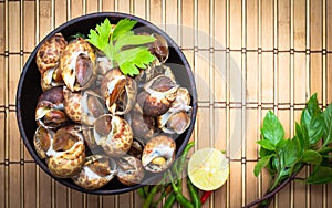 Boiled Babylonia areolata or shellfish on wooden bowl with lemon and chilli on table.Sea food. Topview