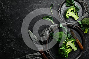 Boiled broccoli on a metal tray. Healthy vegetarian diet food.