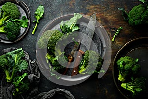 Boiled broccoli on a metal tray. Healthy vegetarian diet food.