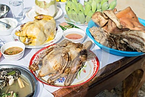 Boiled chicken and pork for worshipping