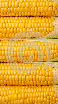 Boiled corn close up Rows of fresh golden yellow corn kernels