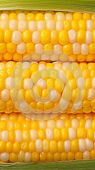 Boiled corn close up Rows of fresh golden yellow corn kernels