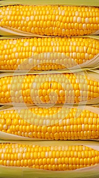 Boiled corn close up Rows of fresh golden yellow corn kernels