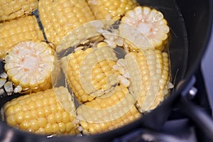 Boiled corn on the cob cooked in a pot