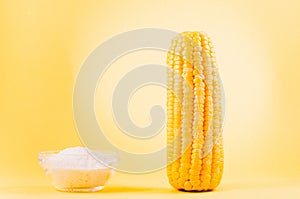 Boiled corn and salt on a yellow background/boiled appetizing corn and salt on a yellow background