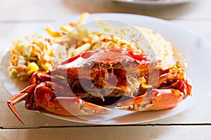 Boiled crab on wooden table.Seafood concept.Selective focus.