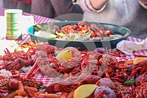 Boiled crawfish and vegetables piled on red checked tablecloth with eating tray and arm of person eating bokeh behind - shallow