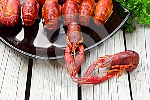 Boiled crawfish. Woden background. Rustic style. Seafood menu.