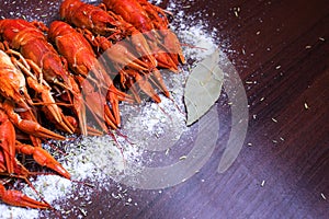 Boiled crayfish with peps on a gray wooden background