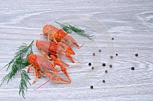 Boiled crayfish with dill and peas on the table.