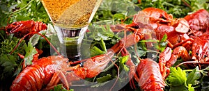 Boiled crayfish on the table