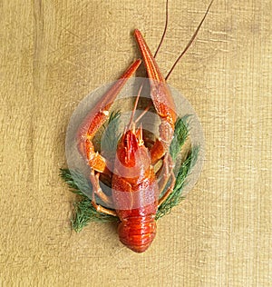 Boiled crayfish on a wood background