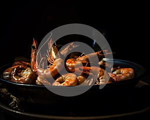 Boiled crayfishes in the plate. Black backdrop. Close up. Generative AI