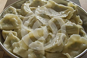 Boiled dumplings close up. Chinese food